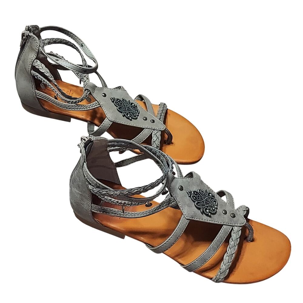 Jelly Pop Leda Women's Gray Boho Style Strappy Beaded Gladiator Thong Sandals
